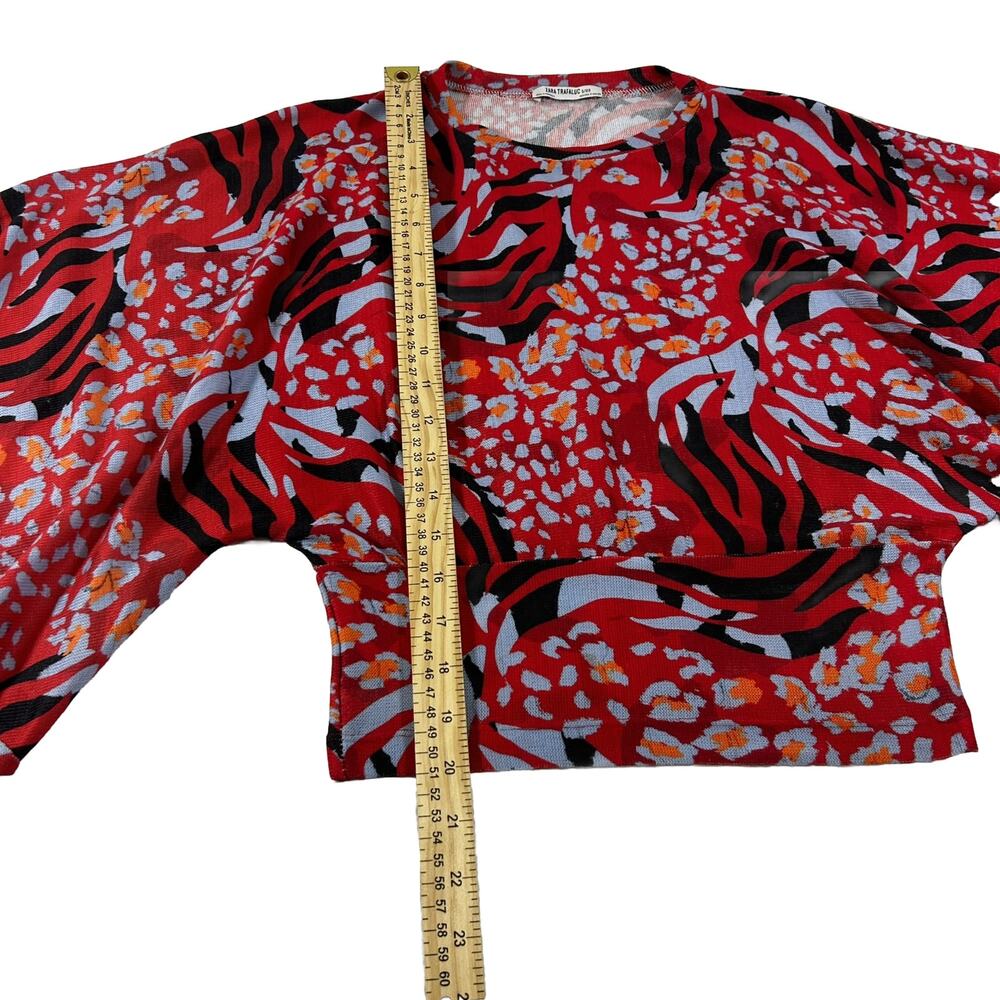 Zara Trafaluc Collection Red Flowy Crop Top Sz Small Red Blue Orange Tie Sleeve - Picture 6 of 11